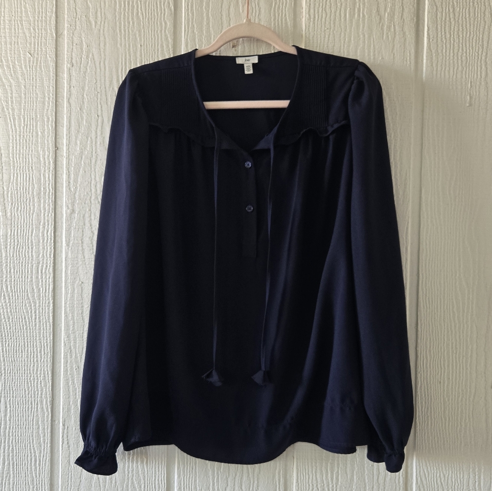 Joie Boho Tassel Tie Neck Button Front Longsleeve Peasant Top Navy Medium